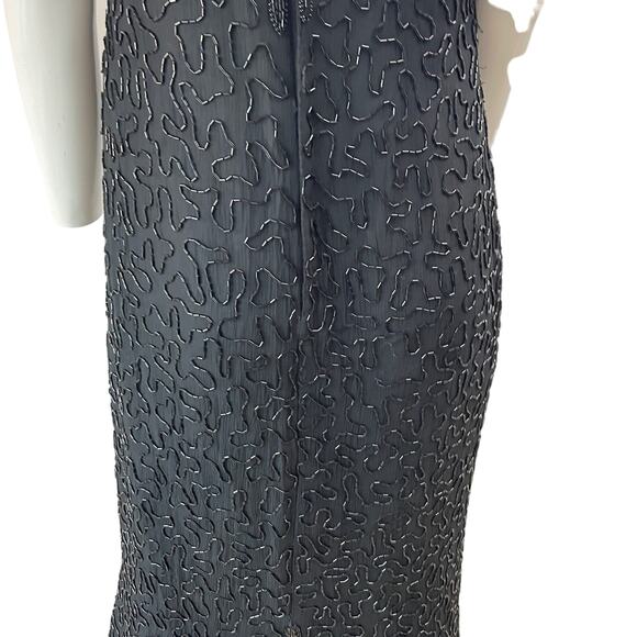 VINTAGE 80s Dress Womens PM Petite Medium Black Beaded Maxi Silk Retro - Picture 10 of 13